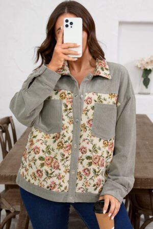 Medium Grey Corduroy Floral Patchwork Vintage Jacket - Image 11