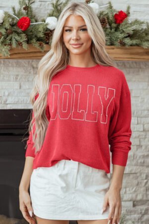 Racing Red Twisted Rib Outlined Merry Letter Graphic Loose Long Sleeve Top - Image 4