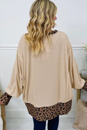 Beige Contrast Leopard Star Patchwork Detail Raw Seam Baggy Sweatshirt - Image 2
