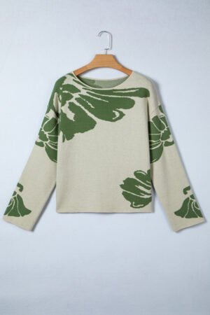 Green Bold Flower Pattern Wide Sleeve Baggy Sweater - Image 5