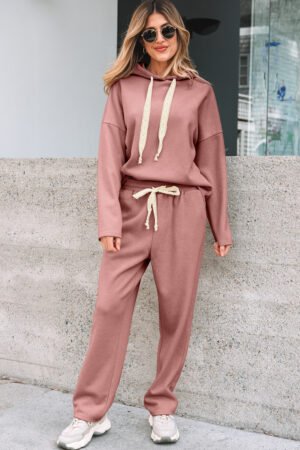 Rose Tan Lace Drawstring Pullover Hoodie and High Waist Pants Corduroy Suit - Image 4