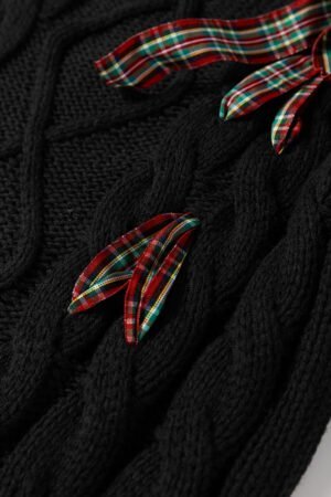 Black Plaid Lace up Detail Christmas Holiday Puff Short Sleeve Sweater - Image 8