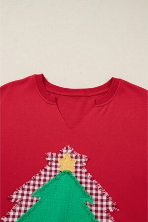 Fiery Red Plaid Frayed Double Christmas Tree Patched Drop Shoulder Sweatshirt - Image 7