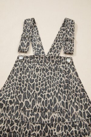Brown Leopard Print Straight Leg Loose Denim Overall Jumpsuit - Image 11