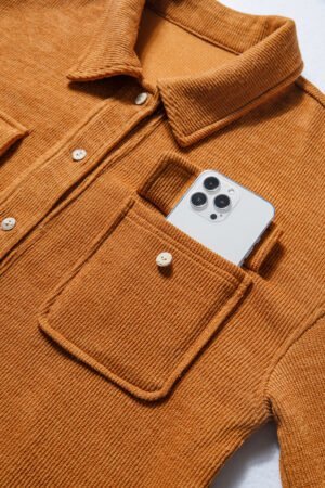 Russet Orange Flap Pocket Textured Knit Solid Color Casual Shacket - Image 7