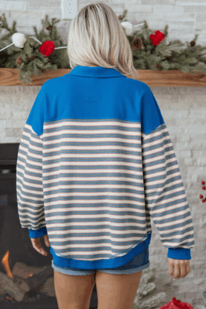 Blue Stripe Buttoned V Neck Collared Drop Shoulder Top - Image 10