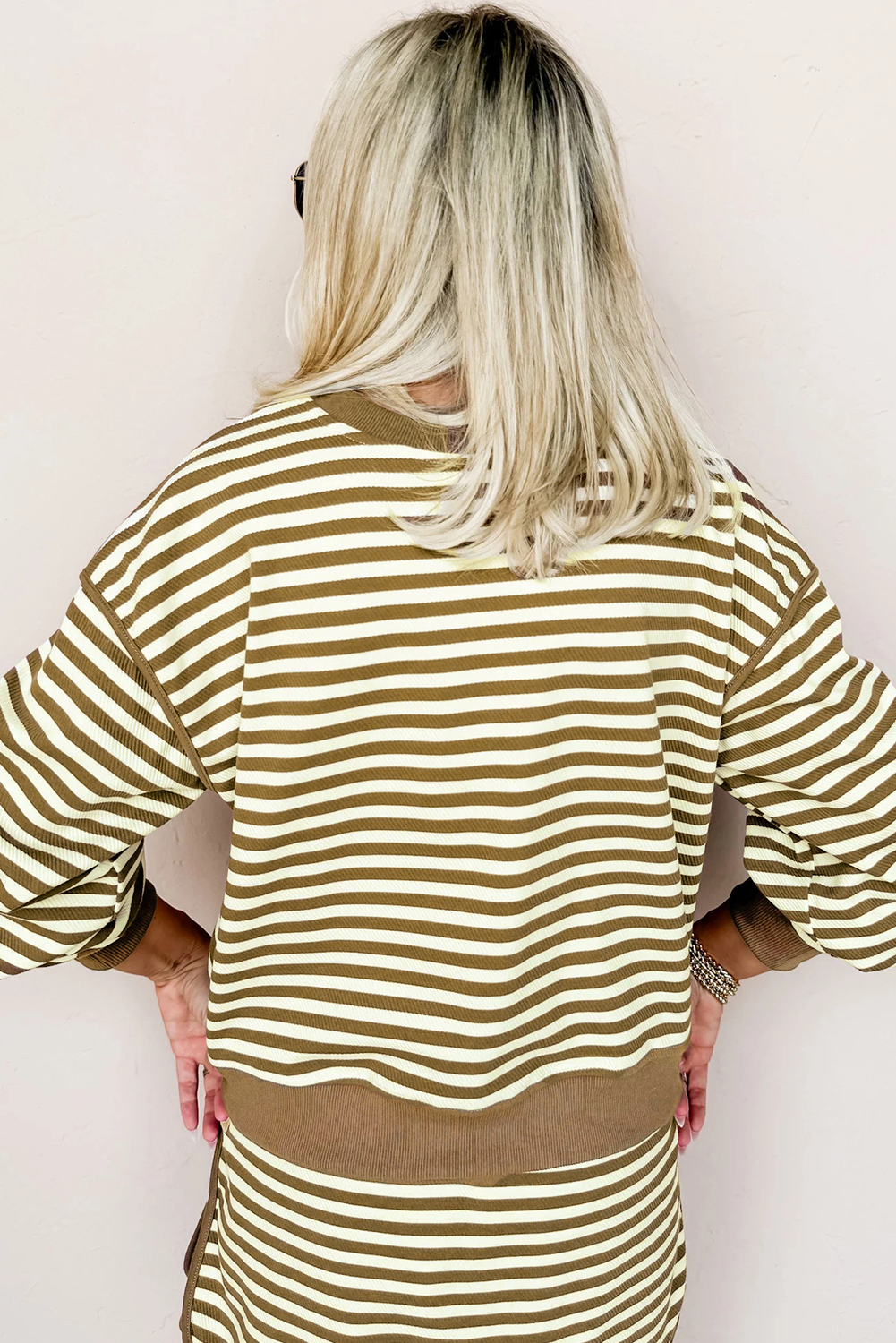 Brown Stripe Textured Drop Shoulder Pullover Top Drawstring Mini Skirt Two Piece Dress Set Brown Stripe Textured Drop Shoulder Pullover Top Drawstring Mini Skirt Two Piece Dress Set