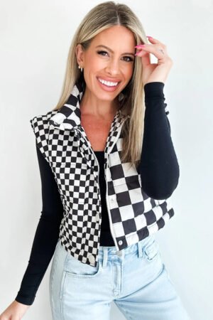Black Double Checked Stand Collar Cropped Puffer Vest - Image 2