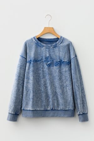 Real Teal saved by grace Letter Embroidery Mineral Wash Loose Sweatshirt - Image 6