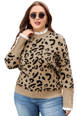 Brown Leopard Knitted Lacy Trim Cuffed Plus Size Sweater - Image 10