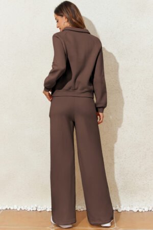 Dark Brown Solid Collared Sweatshirt and High Waist Pants Active Set - Image 3
