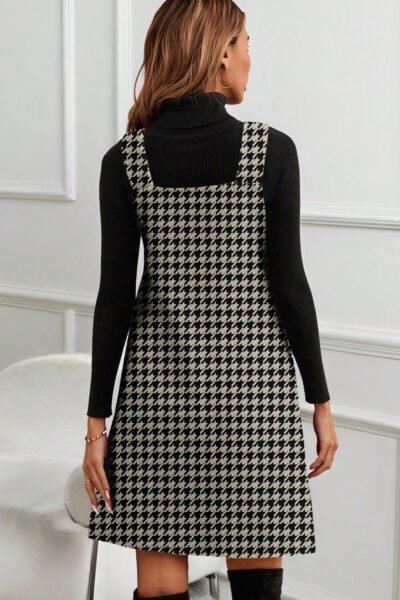Khaki Houndstooth Print V Neck Sleeveless Mini Dress