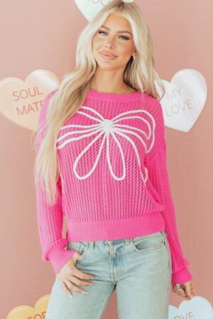 Sachet Pink Sweet Bow Decor Hollow Out Knitted Drop Shoulder Sweater - Image 14