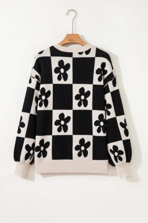 Black Flower Plaid Henley Baggy Sweater - Image 5