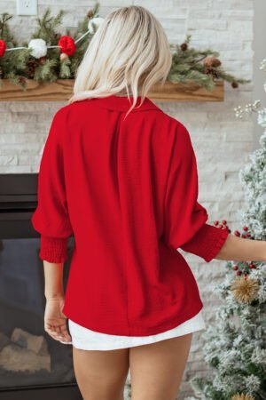 Fiery Red V Neck Collared Shirred 3/4 Sleeve Oversized Tunic Top - Image 3
