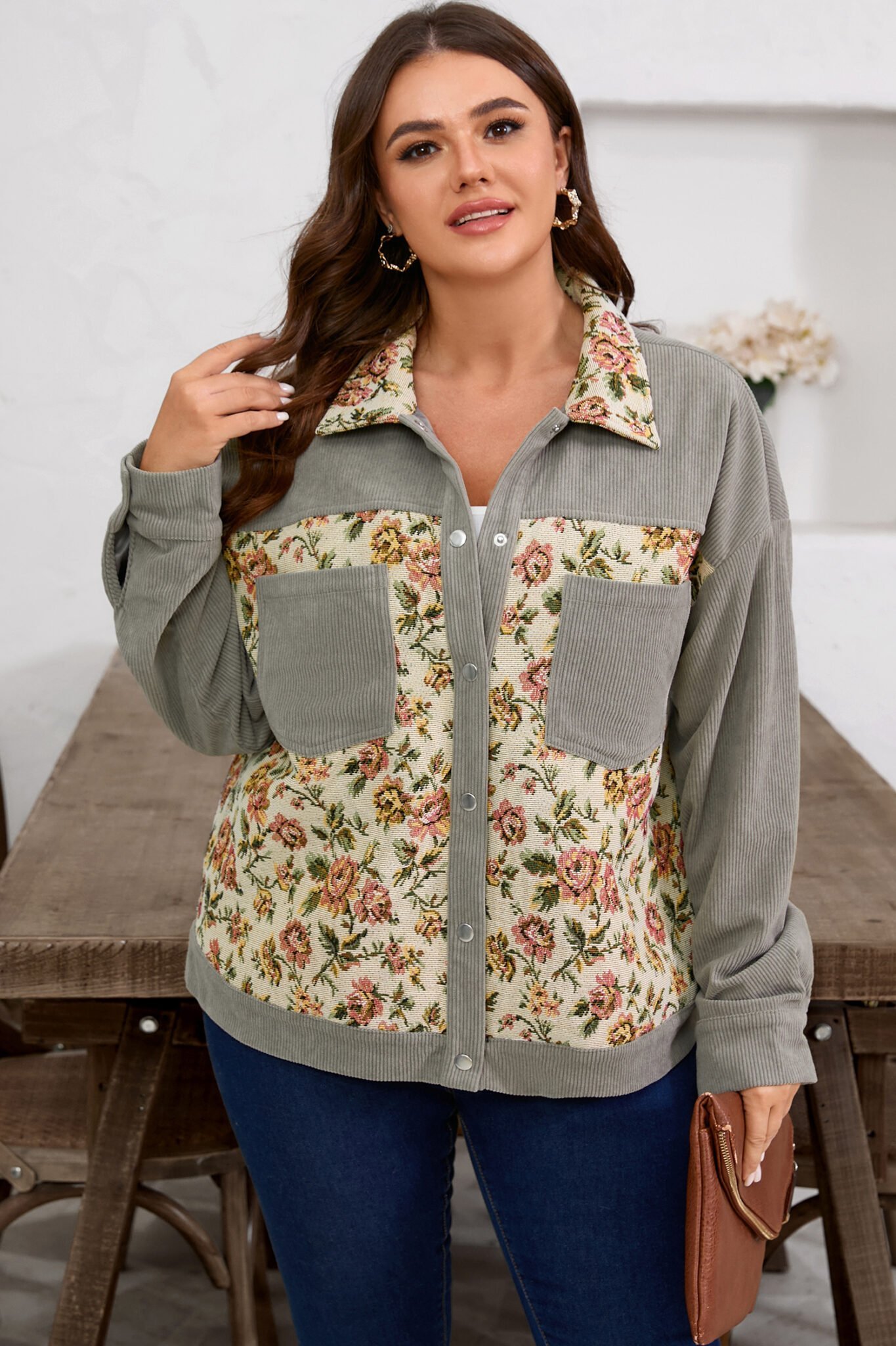 Medium Grey Corduroy Floral Patchwork Vintage Jacket - Image 9