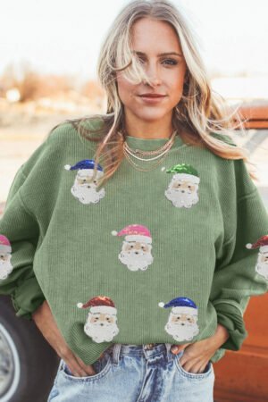 Grass Green Corded Ribbed Sequin Patched Santa Claus Graphic Sweatshirt - Image 5