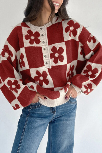 Red Dahlia Flower Plaid Henley Baggy Sweater