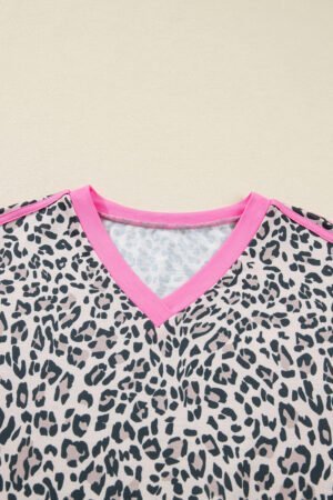 Khaki Leopard Print Contrast V Neck Varsity Stripe Detail Long Sleeve Top - Image 7