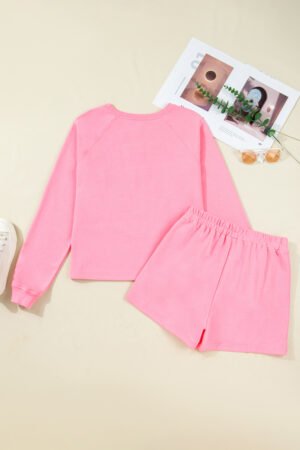 Sachet Pink Plaid Contrasted Double Christmas Tree Patched Raglan Sleeve Pullover 2pcs Short Set - Image 9