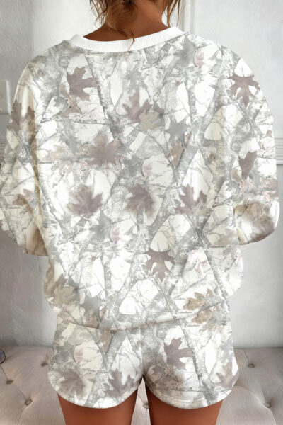 Light Grey Abstract Woodland Camo Print Baggy Pullover Drawstring Shorts Set