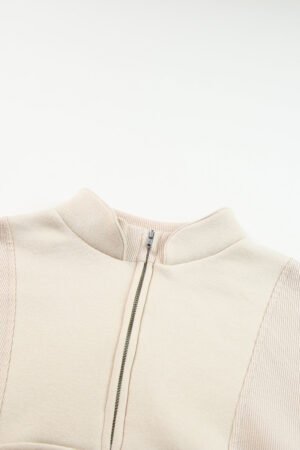 Apricot Half Zip Stand Collar Exposed Seam Solid Color Casual Sweatshirt - Image 8