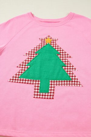 Sachet Pink Plaid Contrasted Double Christmas Tree Patched Raglan Sleeve Pullover 2pcs Short Set - Image 11