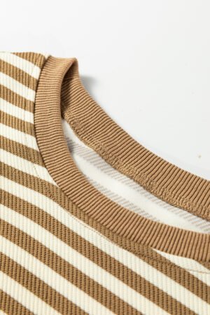 Brown Stripe Textured Drop Shoulder Pullover Top Drawstring Mini Skirt Two Piece Dress Set - Image 15