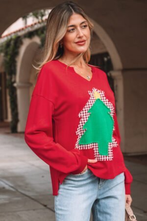 Fiery Red Plaid Frayed Double Christmas Tree Patched Drop Shoulder Sweatshirt - Image 3