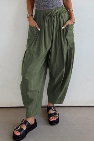 Jungle Green Drawstring Elastic Waist Patch Pocket Barrel Leg Casual Pants - Image 3