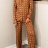 Brown Polka Dot Print Long Sleeve Shirt Pant 2pcs Pajama Set
