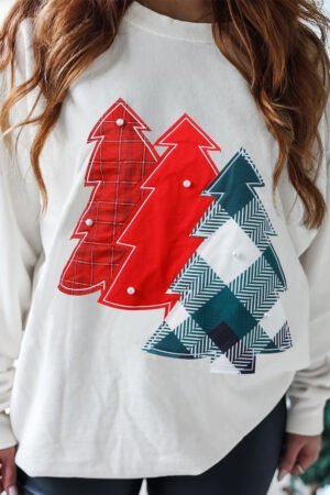 White Pearl Plaid Christmas Tree Patched Drop Shoulder Sweatshirt - Image 2