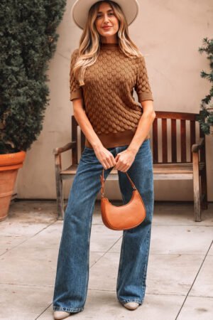 Straw Yellow Fish Scale Textured Knit Ribbed High Neck Short Sleeve Sweater - Image 5