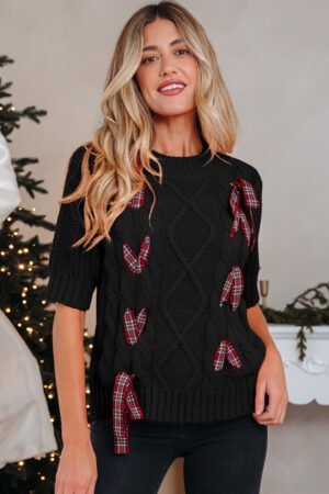Black Plaid Lace up Detail Christmas Holiday Puff Short Sleeve Sweater - Image 12
