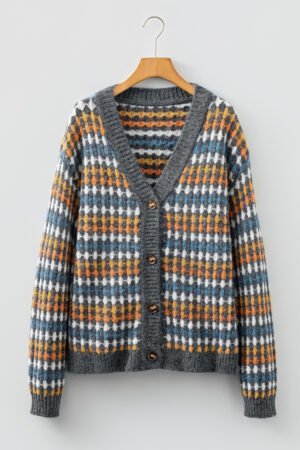 Gray Dotty Pattern Knit Button Front V Neck Sweater Cardigan - Image 4