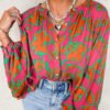 Rose Floral Print Batwing Sleeve Buttoned Loose Fit Shirt