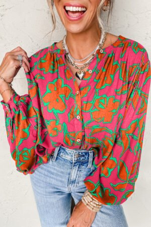 Rose Floral Print Batwing Sleeve Buttoned Loose Fit Shirt
