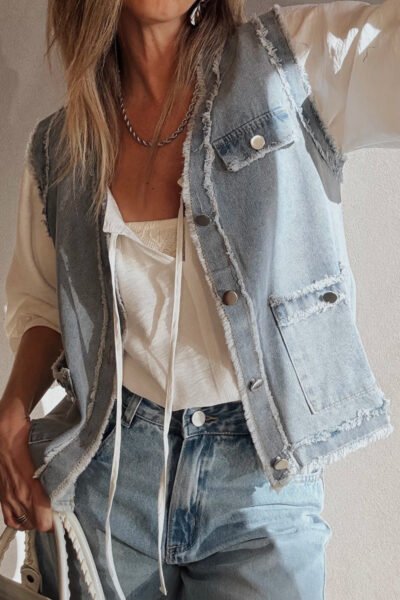 Beau Blue Frayed Edge Flap Pockets Denim Vest Jacket
