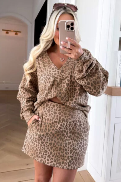 Light French Beige Leopard Print V Neck Pullover Mini Skirt 2pcs Set