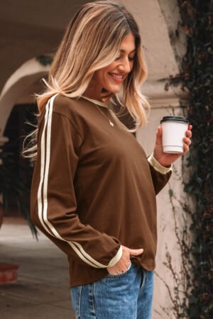 Dark Brown Varsity Striped Accent Contrast Crew Neck Long Sleeve T Shirt - Image 11