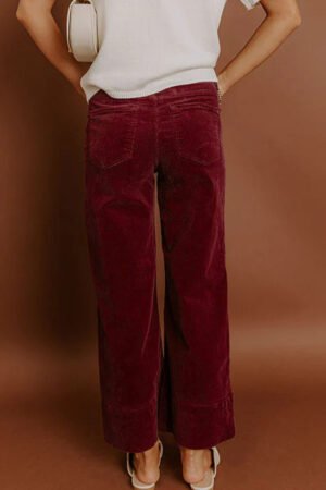 Burgundy Corduroy Solid Color High Waist Wide Leg Pants - Image 2