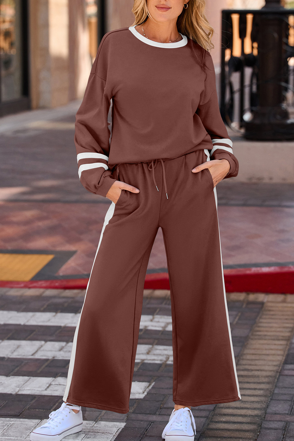 Chestnut Varsity Stripe Patchwork Puff Sleeve Pullover Drawstring Wide Leg Pant Set Chestnut Varsity Stripe Patchwork Puff Sleeve Pullover Drawstring Wide Leg Pant Set