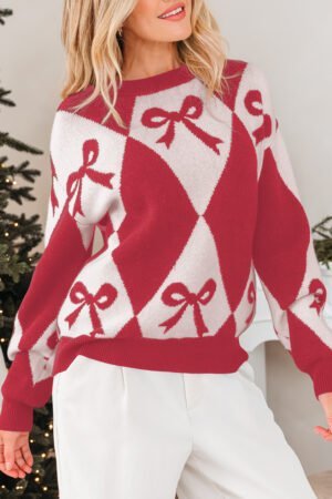 Red Bow Print 2-tone Rhombus Knit Loose Sweater - Image 8
