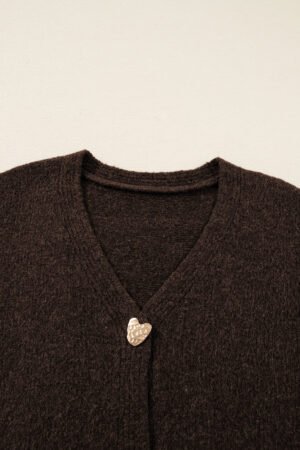 Chicory Coffee Heart Metal Button V Neck Cardigan Sweater - Image 14