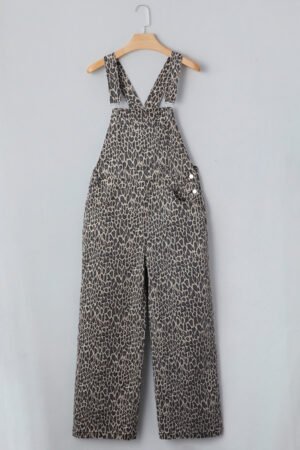 Brown Leopard Print Straight Leg Loose Denim Overall Jumpsuit - Image 4