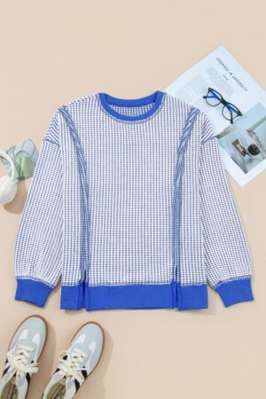 Dark Blue Waffle Knit Exposed Stitching Casual Top with Side Slits - Image 4