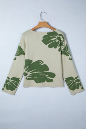 Green Bold Flower Pattern Wide Sleeve Baggy Sweater - Image 6