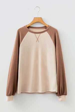 Camel Waffle Color Block Raglan Sleeve Top - Image 3