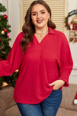 Fiery Red Plus Size Smocked Cuff Dolman Oversized Tunic Blouse - Image 4