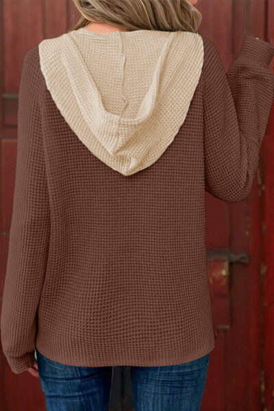 Coffee Waffle Contrast Half Buttoned Hooded Pullover Top